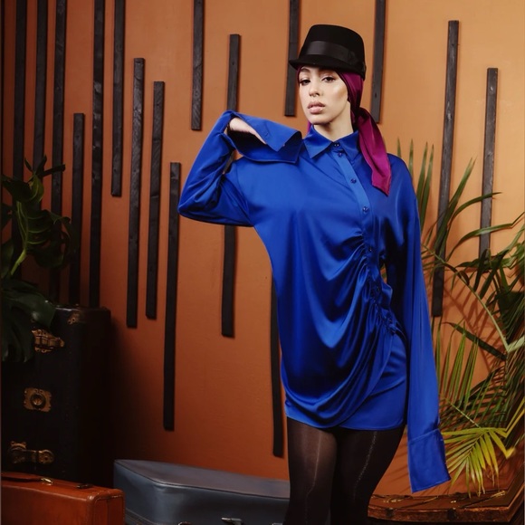 KIMBERLY GOLDSON NIYA COBALT ASYMMETRIC SHIRT DRESS - Size S - NWT - Picture 2 of 3